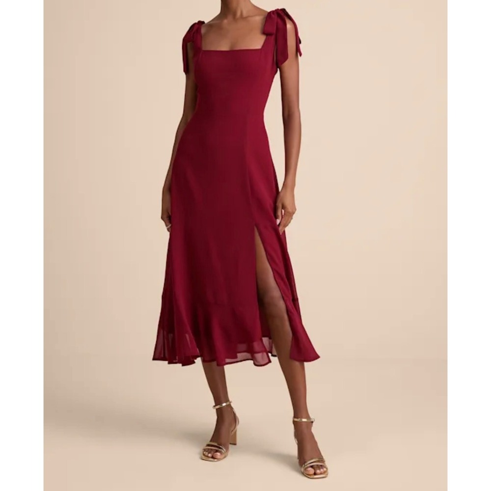 Lulus Summer Invite Burgundy Wine Red Tie-Strap Smocked Chiffon Midi Dress Siz S